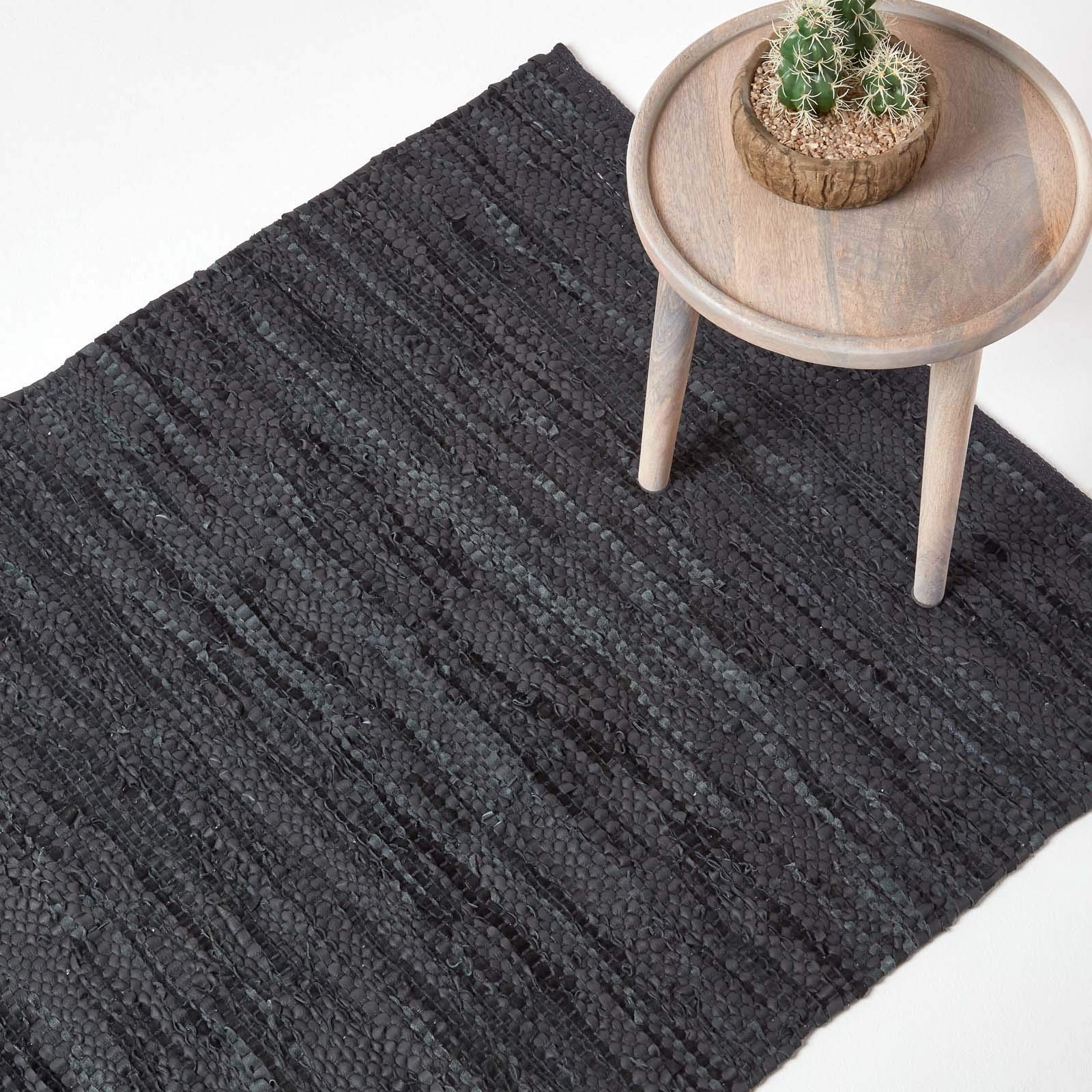HOMESCAPES - Leather Rug - Denver - Black - 90 x 150 cm - Recycled Eco Friendly 100% real leather rug