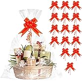 Christmas Cellophane Bags,15 Pcs 20 x 28 Inch Large Clear Gift Bags Cellophane Wrap for Gift Baskets, Plastic Christmas Gift Basket Bags with Red Twist Ties for Holiday Gift Cookie Wrap Party Favors