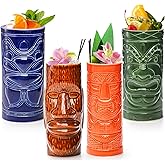 ZEAYEA Set of 4 Tiki Mugs, Large Ceramic Hawaiian Party Mugs for Cocktail, Tiki Bar Professional Hawaiian Party Barware, Dishwasher Safe