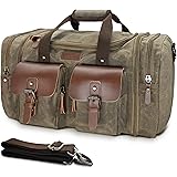 Wildroad Duffle Bag for Travel, 50L Waterproof Waxed Canvas Genuine Leather Weekender Overnight Bag Vintage Travel Hand Bag C