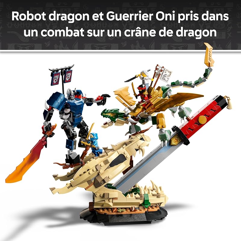 Ninjago Combat sur la Lame du Dragon - Jouet Ninja - Figurines de Dragon & Robot et 4 Minifigurines avec Katanas - Décoration de Chambre d'enfant - Cadeau pour Garçon dès 9 Ans ou Fan 71871