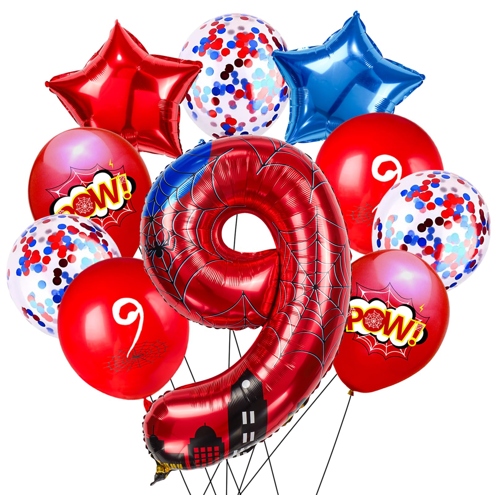 FJZEPIN Cartoon Hero 40 Inch Red and Blue Spider Theme Number Foil Birthday Decoration Balloons, Cartoon Party Birthday Supplies, Number Balloons for Spider Theme Party (9)