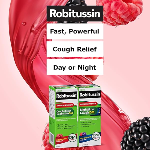 ROBITUSSIN DM MAX COUGH PLUS CHEST CONGESTION AND ROBITUSSIN MAXIMUM STRENGTH NIGHTTIME COUGH DM, ADULT FORMULAS – 2 X 8 FL OZ BOTTLES