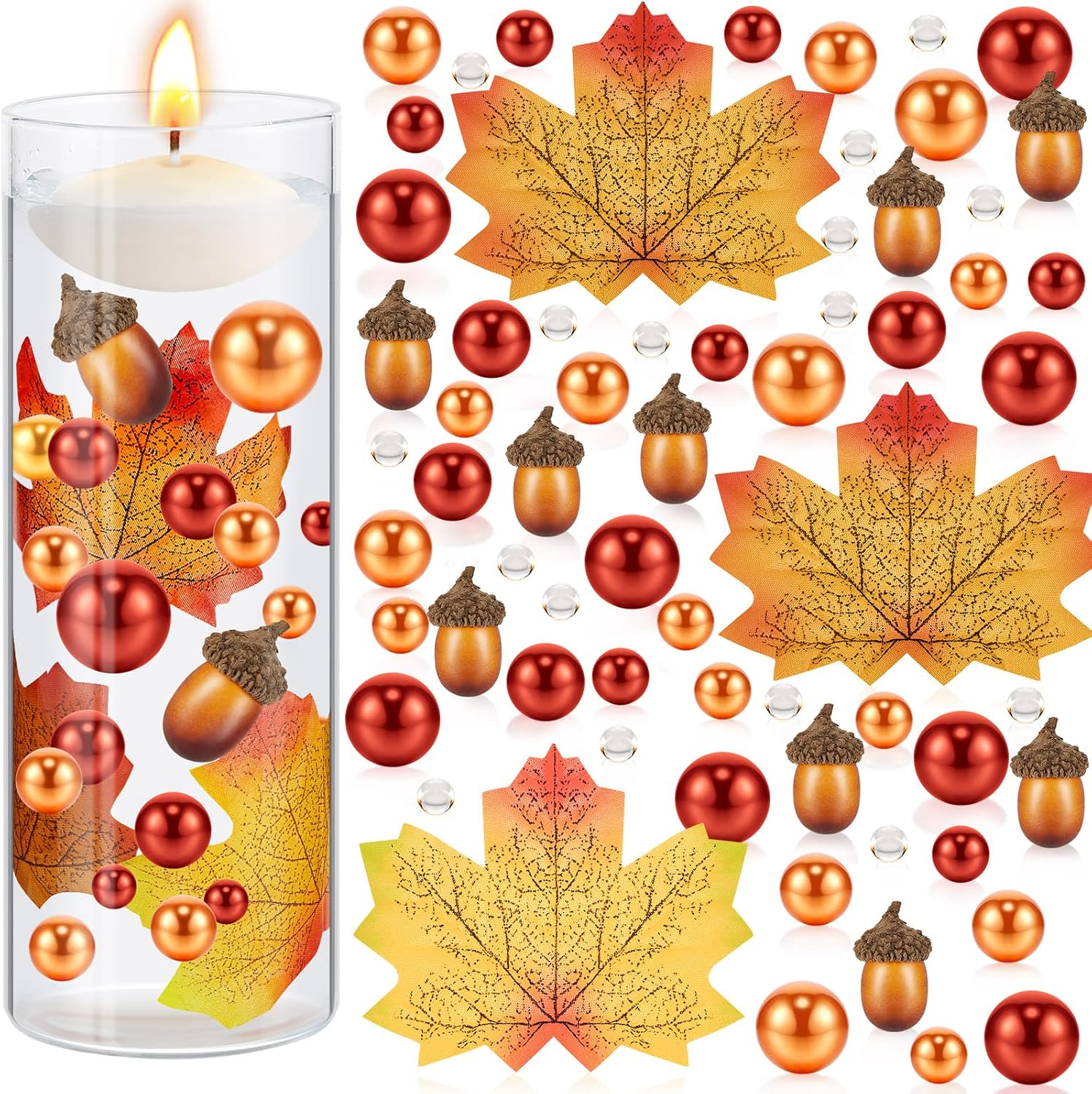Vase Fillers - 2116 Pieces Thanksgiving Vase Filler Faux Pearl for Vase Filler Fall Pearls Water Gels Bead Floating Candle Centerpiece for Thanksgiving Halloween Fall Table Party Decoration (Acorn Maple Leaf Style)