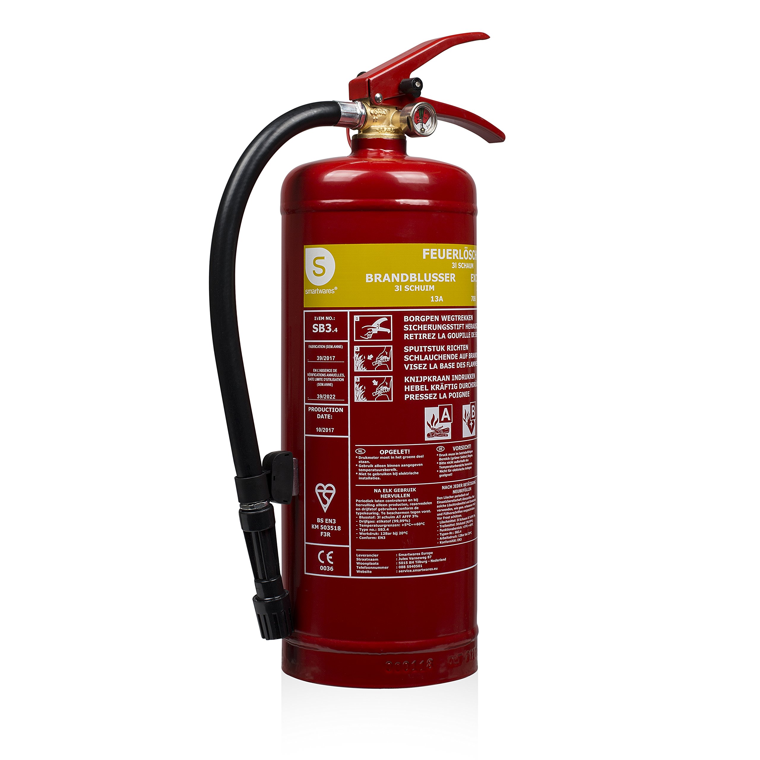 Smartwares FEX-15230 (SB3.4) Schaum Feuerlöscher 3L Klasse AB Stahl mit Halterung und Druckregler, DIN EN3 konform