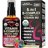 USDA Organic Vitamin B-Complex Liquid Spray 8-in-1 - B5 Pantothenic Acid | B12 Methylcobalamin | B1 Thiamine | B6 Pyridoxine | B7 Biotin | B9 Folic | B3 Niacinamide - Made in USA Supplement, 2fl oz