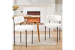 Viroformo Dining Chairs Set of 2, White Boucle Dining Chair, Curved Backrest Upholstered Dining Room Chairs with Black Metal Legs, Mid Century Modern Dining Chairs for Kitchen, Living Room, White