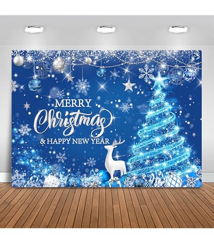 Blue Merry Christmas Backdrop Glitter Bokeh Sparkle Snowflake...