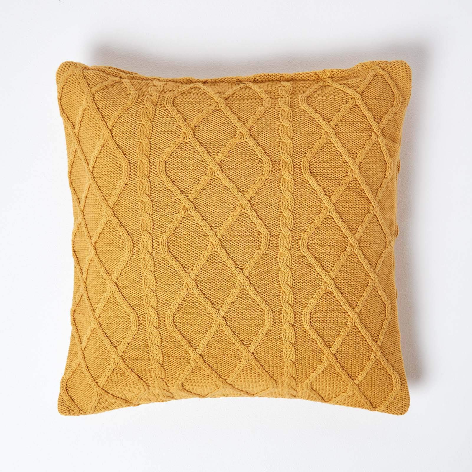 HOMESCAPES Mustard Cable Knit Cushion Cover 100% Cotton Diamond Pattern Bed or Sofa Cushion for Living Room Handwoven Super Soft Textured Dark Yellow 45 x 45 cm Square Throw Cushion Case, 18 x 18”