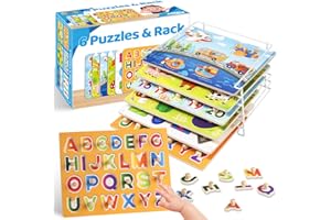LACCHOUFEE Wooden Puzzles for Toddlers 1-3, 6 Pack Peg Puzzles with Wire Puzzle Holder Rack for Kids, Learning Educational Puzzles for Baby Puzzles 12-18 Months, Alphabet Number Animal Vehicle Montessori Toys