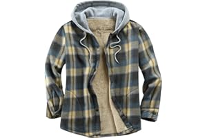 Derbars Men's Cotton Plaid Shirts Jacket Fleece Lined Flannel Shirts Sherpa Button Down Jackets with Hood for Men