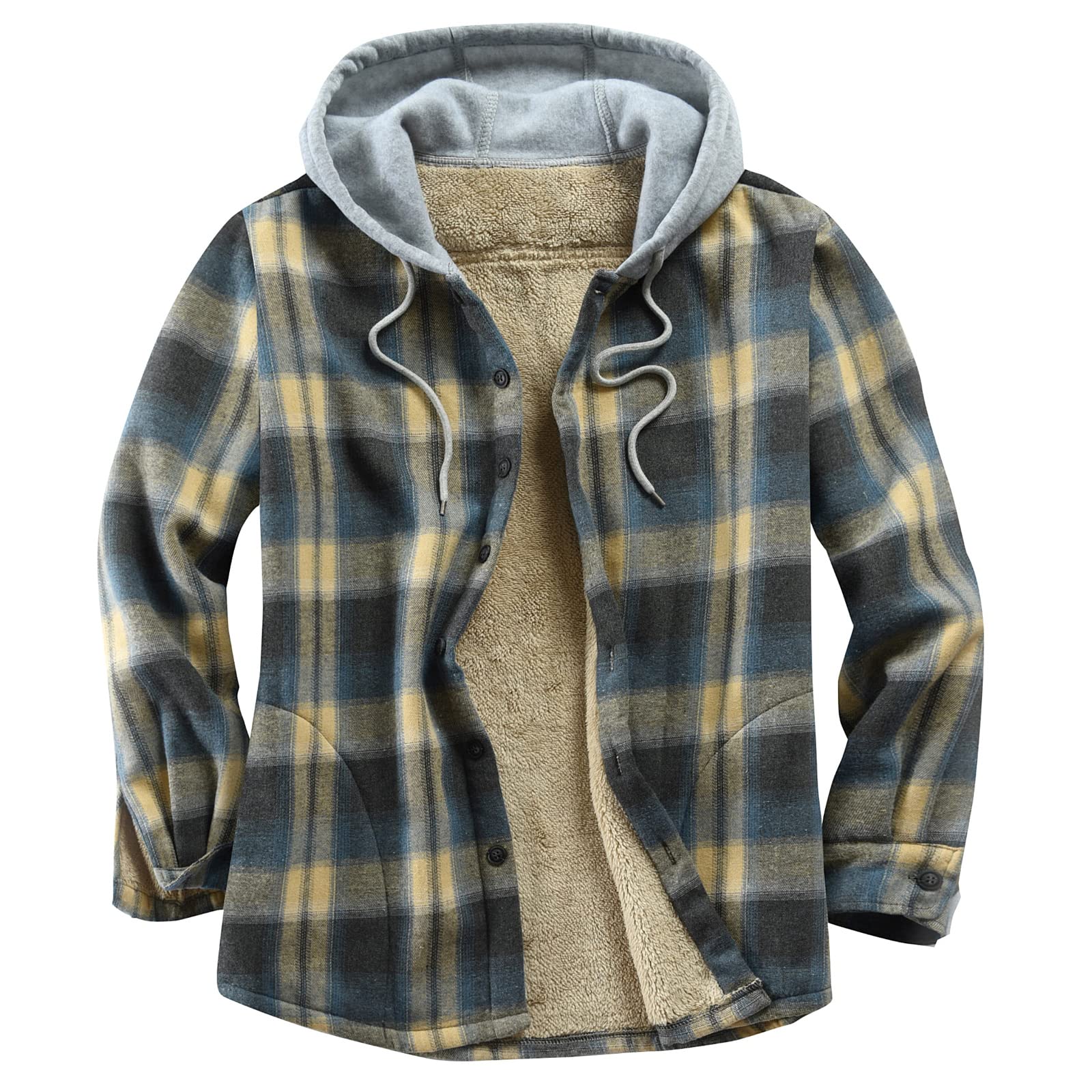 Derbars Men's Cotton Button Down Plaid Shirt Jacket Flannel Hoodie Sherpa Lined Long Sleeve Jacket Shirt for Men with Hood Beige 3X-Large Image