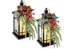ROCEEI 2 Set Christmas Decorative Lantern Porch Decorations with LED Flickering Flameless Candle 14 Inch Vintage Hanging Lantern Xmas Centerpieces for Tables Indoor Outdoor Decor (Vintage Style)