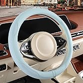 Binsheo Nappa Leather Blue Steering Wheel Cover, Advanced Microfiber Leather Non-Slip Breathable Fabric, Warm in Winter and Cool in Summer, Universal 15 inch