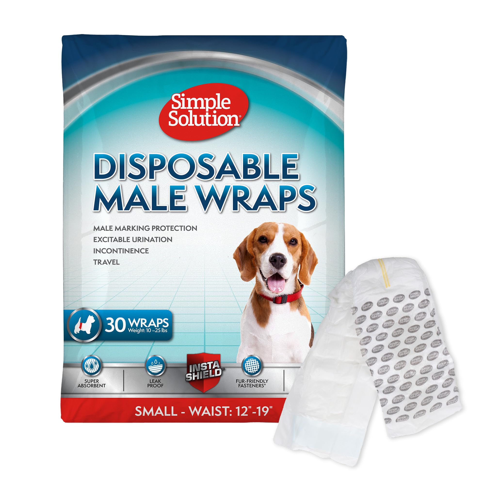 Simple Solution Disposable Dog Diapers Wraps for Male Dogs, True Fit, Absorbent, Leak Proof with Wetness Indicator, Puppy and Doggie Diaper for Peeing, For Small Pets, 12 – 19 Inch Waist, 30 Count