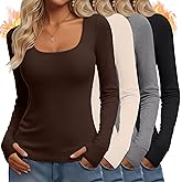 Velvelhall 4 Pack Women's Thermal Long Sleeve Shirts Fleece Scoop Neck Tops Slim Fit Undershirt Basic Layer with Thumb Holes