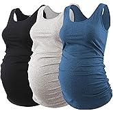Ecavus 3PCS Womens Layering Maternity Tank Top Pregnancy Shirt Scoop Neck Sleeveless Ruched Vest