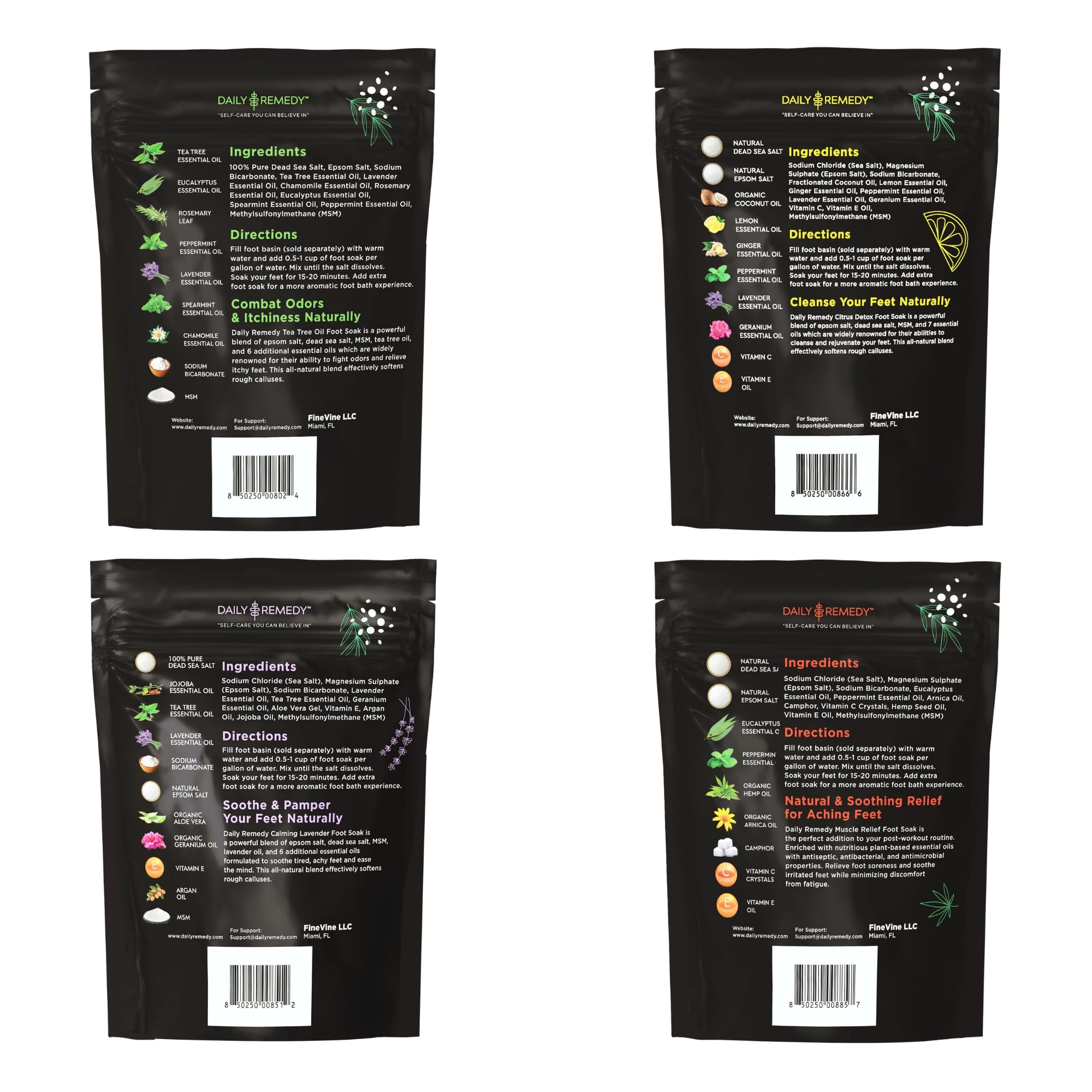 DAILY REMEDY Foot Soak Salts- Variety Pack of 4- Tea Tree Oil, Muscle Relief, Calming Lavender & Citrus Soak- For Foot Pain, Soreness, Athlete’s Foot, Odors, Calluses-Made In USA