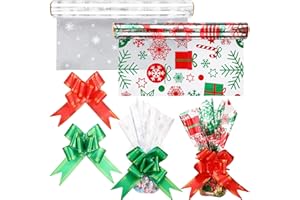 Sinmoe 2 Pack 100 ft Christmas Cellophane Wrap Set Include Long x 16 in Wide Cellophane Wrap Roll with 40 Pull Bows, Christmas Flower Gift Baskets Arts Crafts Party Supplies