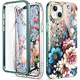 Turquiase Cute Flower Case for iPhone 13/14 6.1 inch Built with Screen Protector, Lightweight and Stylish Full Body Shockproof Protective Rugged TPU Case for Women/Girls-Camellia