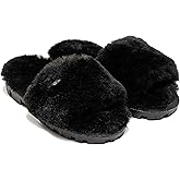 Natural Women's Charlotte Sheepskin Fur Flat Slide Sandals Open Toe Furry Slippers Soft Comfortable Fluffy Indoor Outdoor Slip-Ons, Cushioned EVA Sole