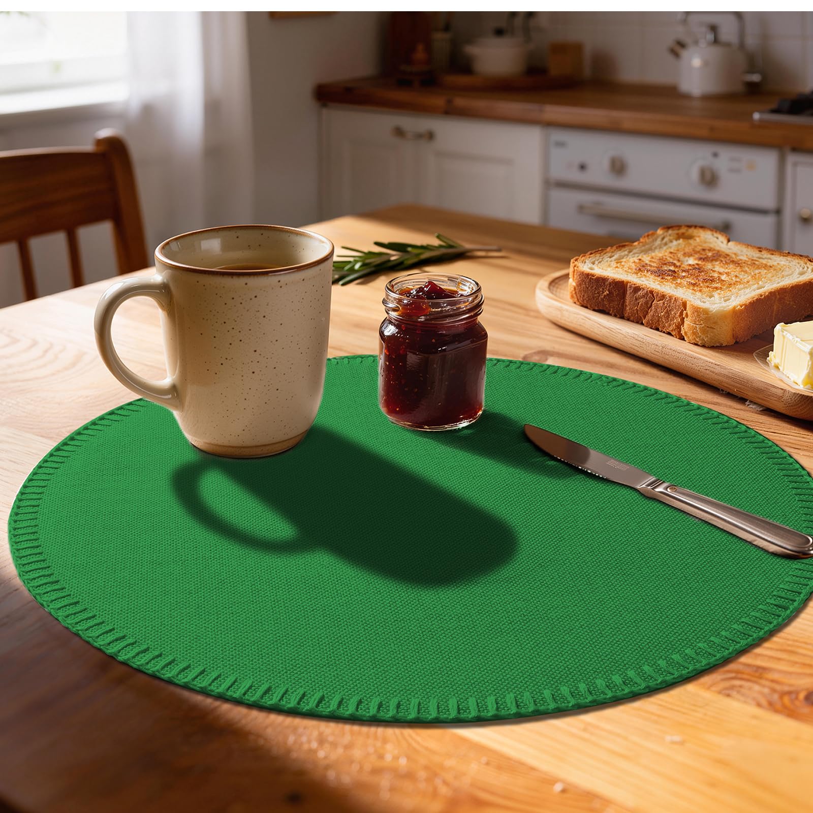 Rinpon Round Placemats Set of 8 - Machine Washable Linen-Like Cloth Place Mats & Heat-Resistant for Dining Table - Ideal for Family Meals, Daily Use, and Holiday Gatherings (Forest Green)