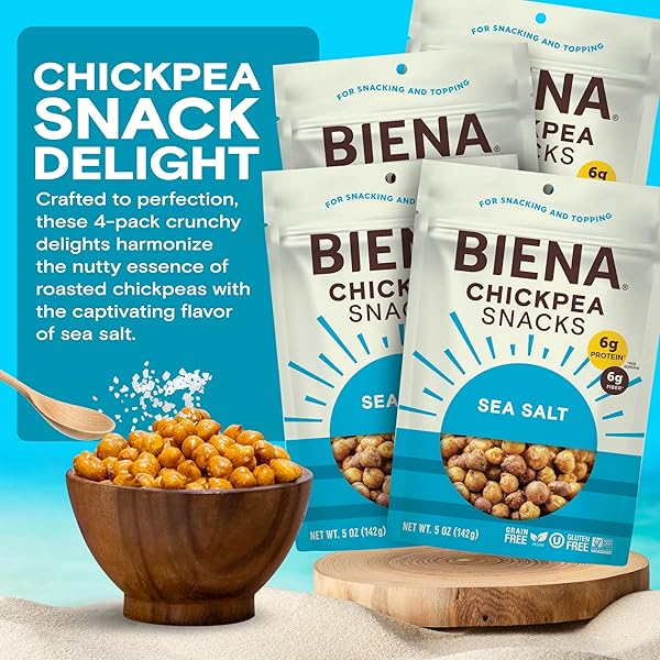 BIENA CHICKPEA SNACKS – CRUNCHY ROASTED CHICKPEAS – HIGH FIBER VEGAN PROTEIN SNACKS FOR ADULTS AND KIDS – 4-PACK, 5 OUNCE BAGS – SEA SALT