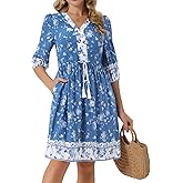 Seta T Women's Floral Dresses V Neck Half Sleeve Drawstring Waist Flowy Casual Summer Boho Dress with Pockets