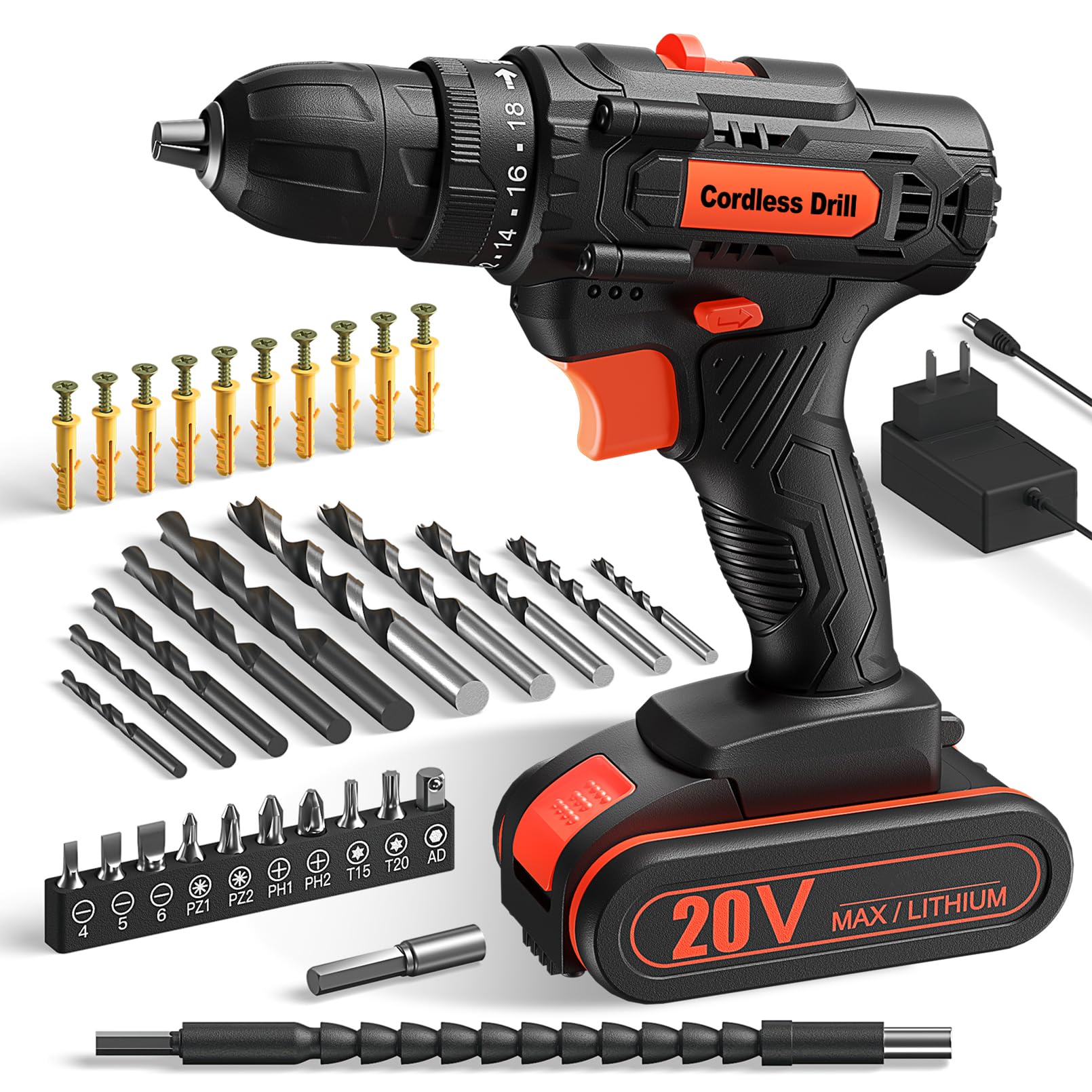 Cordless Drill 20V, Drill Set with 42pcs Accessories and Battery 2.0Ah, ElectricDrill 25+1 Torque Setting, 2 Speed, 3/8