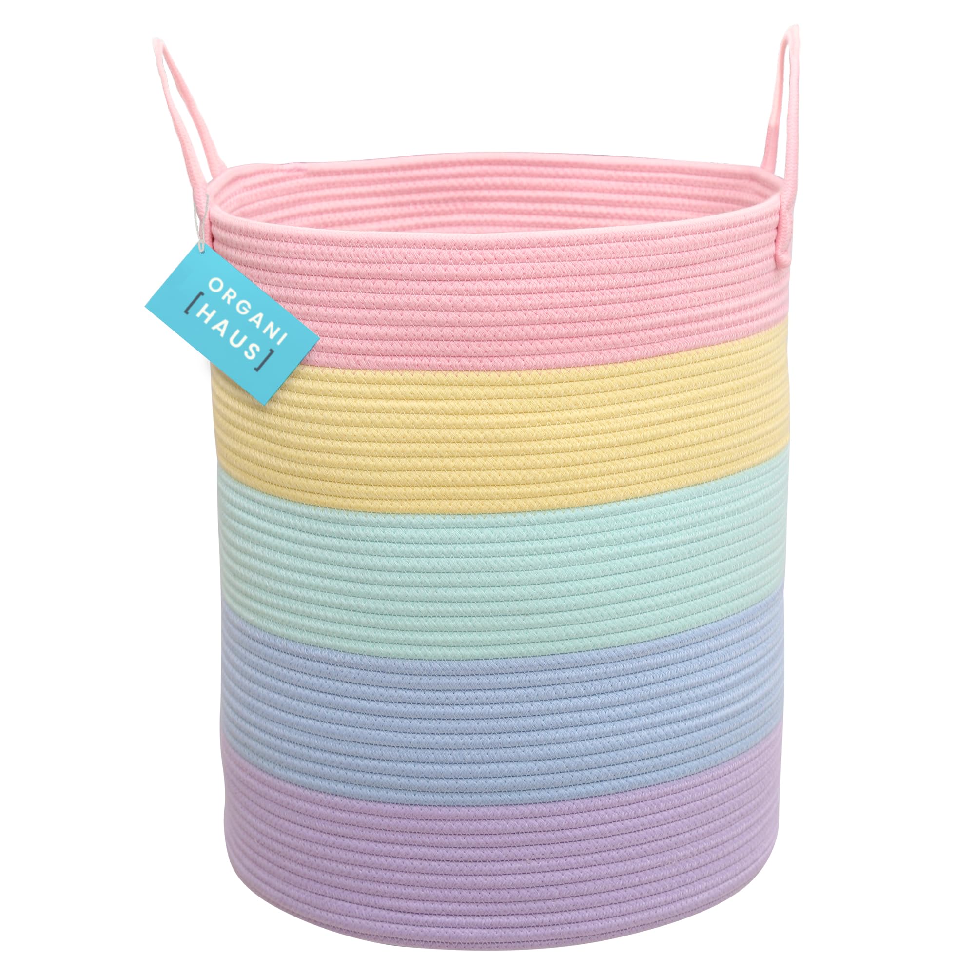 OrganiHaus Tall Rainbow Rope Blanket Basket for Living Room Decor, Cute Woven Baby Laundry Basket, Baby Nursery Hampers for Toys, Laundry Hamper for Dirty Clothes, Decor for Kids Classroom - 38x45cm
