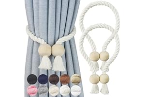 Nieffeiy 2 Pack Magnetic Curtain Tiebacks Cotton Hand Woven Tie Back Decorative Rope Holdbacks for Curtains Draperies No Tools Required, Cream
