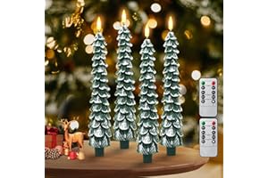 Evjeal Christmas Tree Candles - 4 Pack Flameless Candles with Remote Control, Realistic 3D Flame, Snowy Tree Design for Christmas Decorations & Gifts
