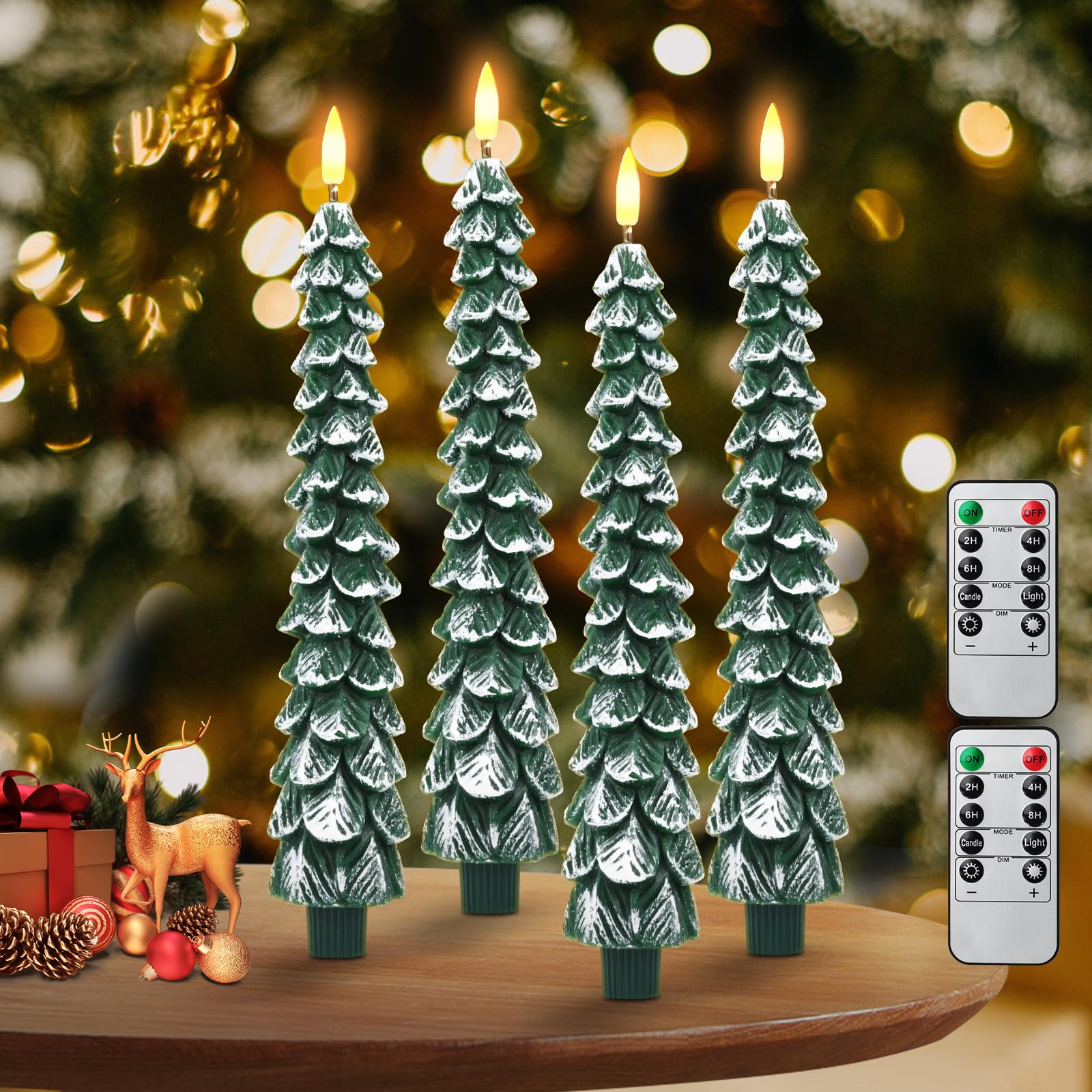 Photo 1 of Flameless Candles with Remote – 4 Pack Christmas Tree Candles, Battery Operated Snowy Tree Design, 3D Flickering Flame, Safe Holiday Home Decor for Christmas Decorations & Gifts