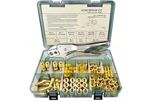 ZGTOOLS 58PCS Hose Repair Kit, 1/4 I.D. Torch Hose Repair Kit, Air Hose Crimper Tool for Air Hoses/Torch Hoses/Oxygen Acetylene Hoses，Include Fittings/CrimpingTool/Ferrules/Couplers/Braces/Nipples/Nuts etc