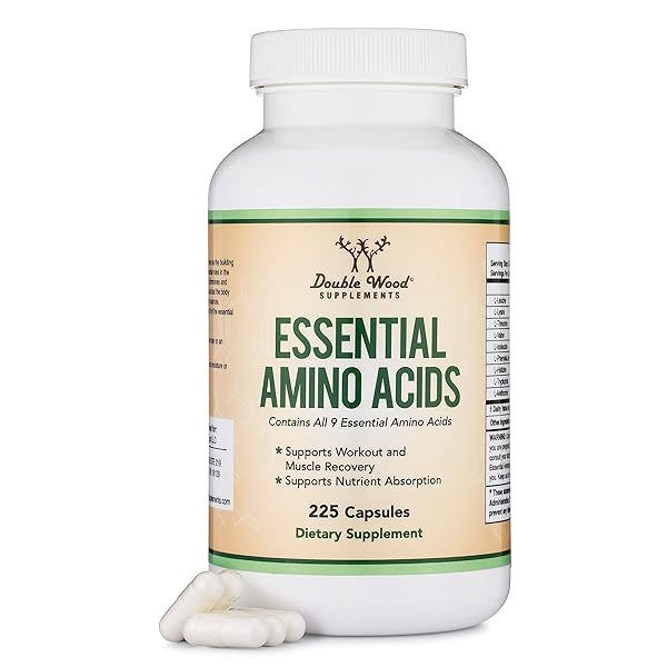 ESSENTIAL AMINO ACIDS – 1 GRAM PER SERVING POWDER BLEND OF ALL 9 ESSENTIAL AMINOS (EAA) AND ALL BRANCHED-CHAIN AMINOS (BCAAS) (LEUCINE, ISOLEUCINE, VALINE) 225 CAPSULES, GLUTEN FREE BY DOUBLE WOOD