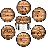 Britimes Set of 6 Coaster for Drinks Absorbent with Cork Base, Metal Holder, Wooden Texture Round Stone Drink Mat for Coffee Wood Table, Gift for Birthday, Farmhouse Housewarming Room Bar Decor