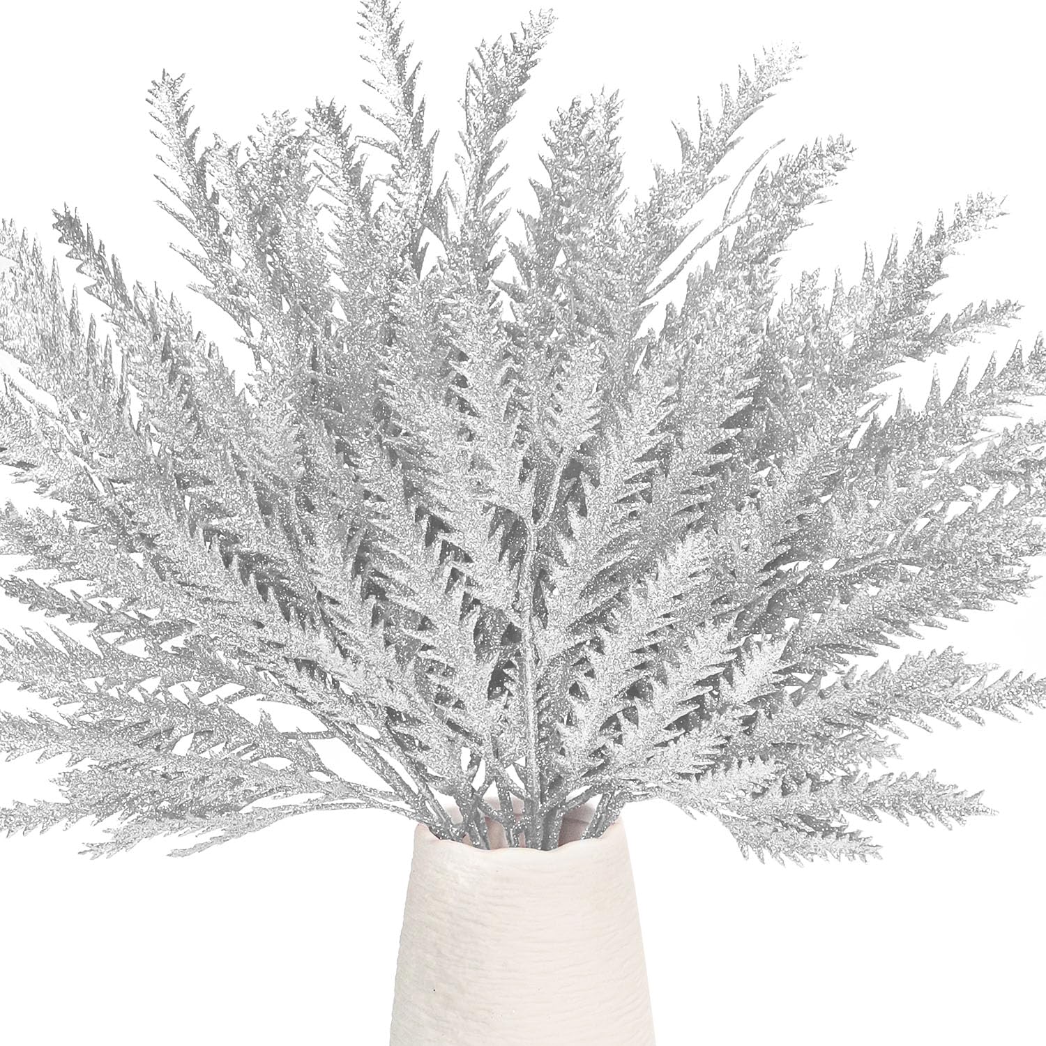 Pack of 12 Christmas Glitter Leaves, 38CM Glitter Artificial Christmas Picks Shiny Christmas Tree Decorations for Xmas Tree Ornaments Vase Fillers DIY Wreath Garland Flower Arrangement (Silver)