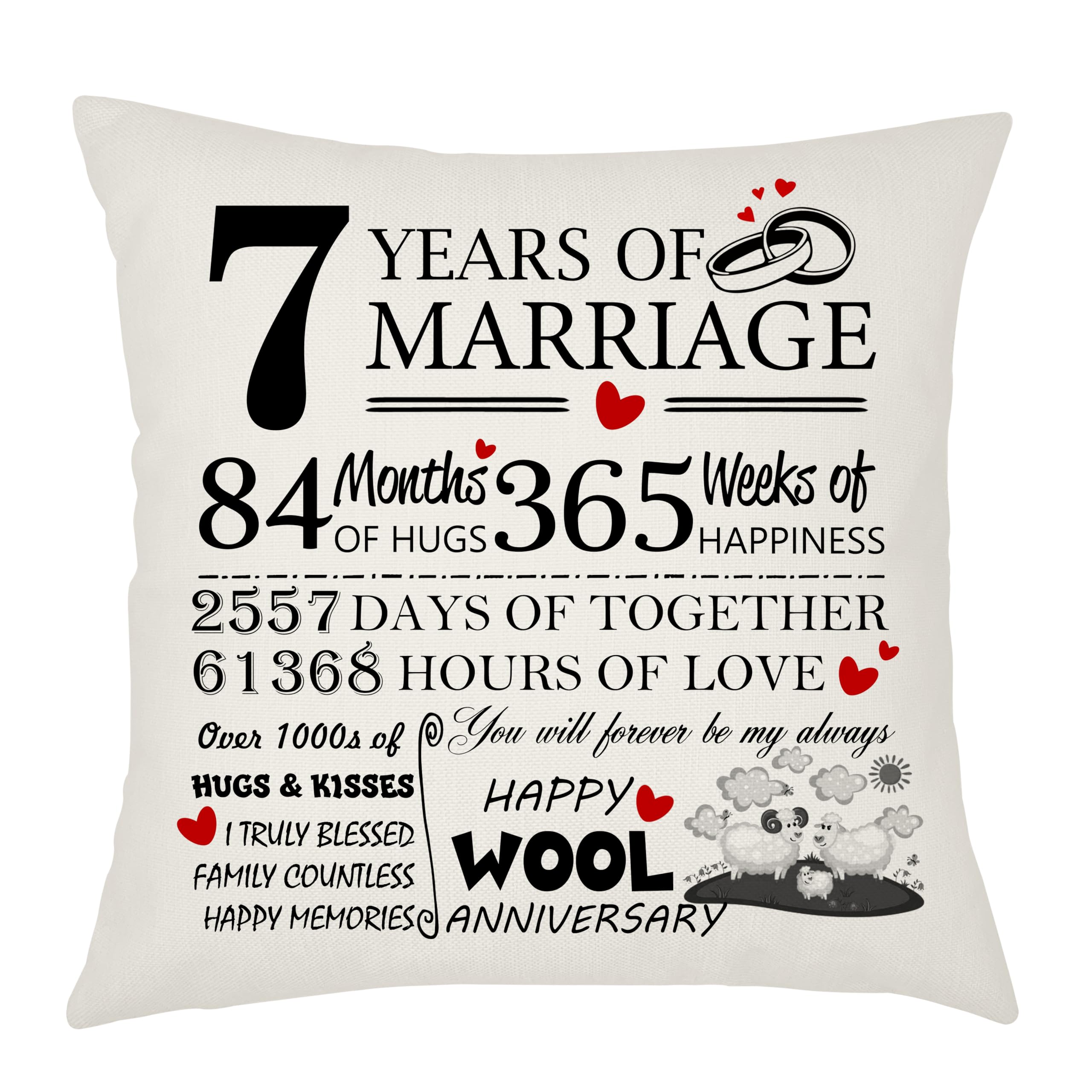 Weosan 7th Wedding Anniversary Wool Anniversary Cushion Cover - Gift for Wife or Husband - 7 Years of Marriage Keepsake Present - Elegant 45x45cm Pillow Case (7 Years of Marriage)