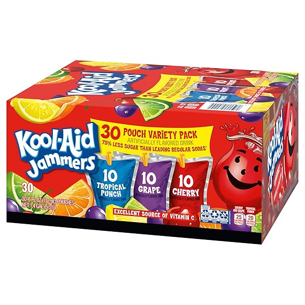 KOOL-AID JAMMERS TROPICAL PUNCH (GRAPE & CHERRY ARTIFICIALLY FLAVORED KIDS SOFT DRINK VARIETY PACK, 30 CT BOX, 6 FL OZ POUCHES)