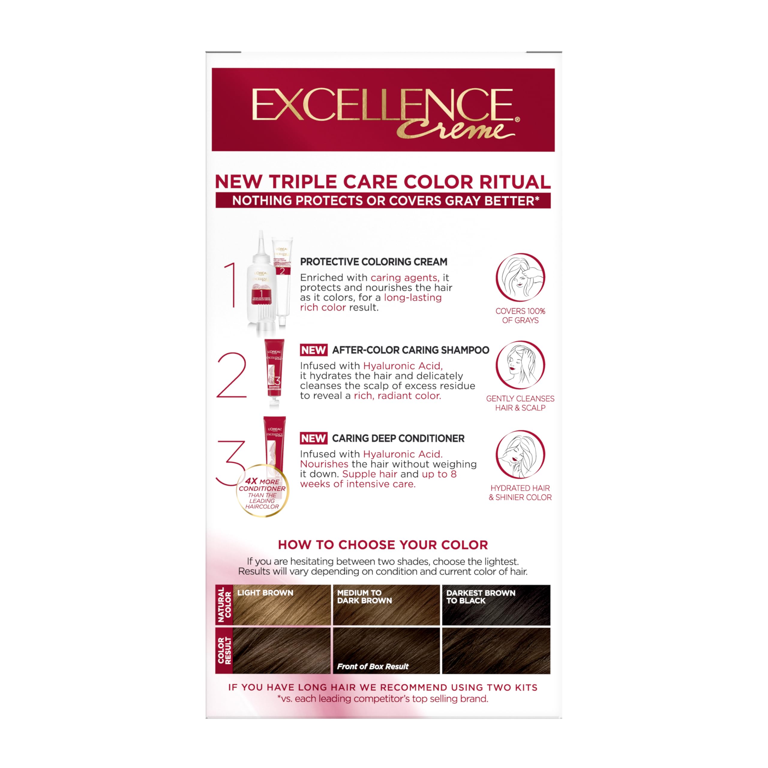L'Oreal Paris Excellence Crème Permanent Hair Dye, Triple Care Hair Color with Pro-Keratine Complex for 100% Gray Hair Coverage, 4 Dark Brown, 1 Kit