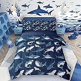 Boys Shark Bedding Set Ocean Sealife Comforter Set for Kids Youth Teens,Under Sea Marine Life Duvet Insert,Underwater World Creature Bed Quilt,Nautical Sea Animal Bedroom Decor Queen Size Navy Blue