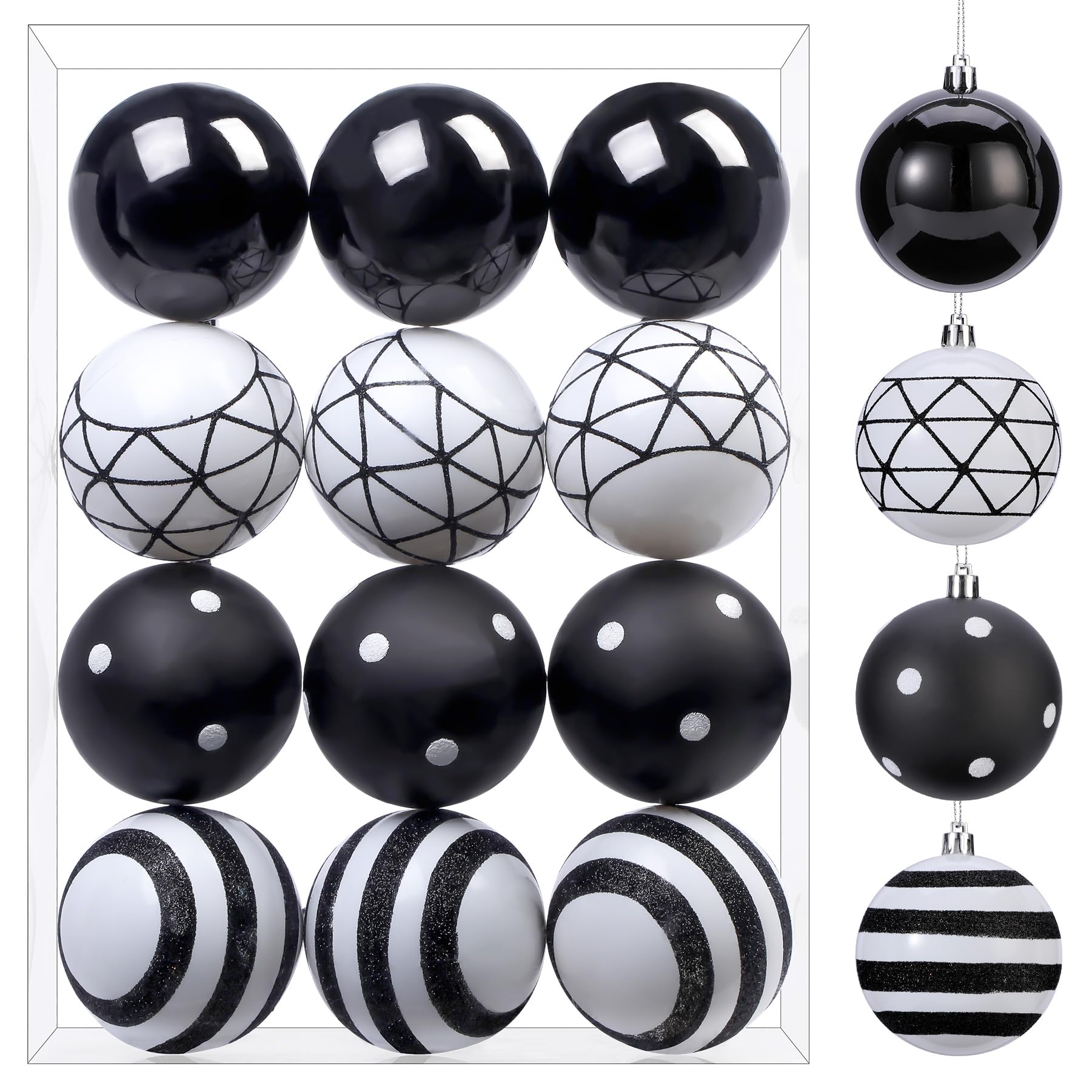 SHareconn 12ct 3.15 Inch Christmas Tree Balls Ornaments, Colored Shatterproof Plastic Decorative Baubles for Xmas Tree Decor Holiday Party Wedding Decoration (Black & White, 80mm)