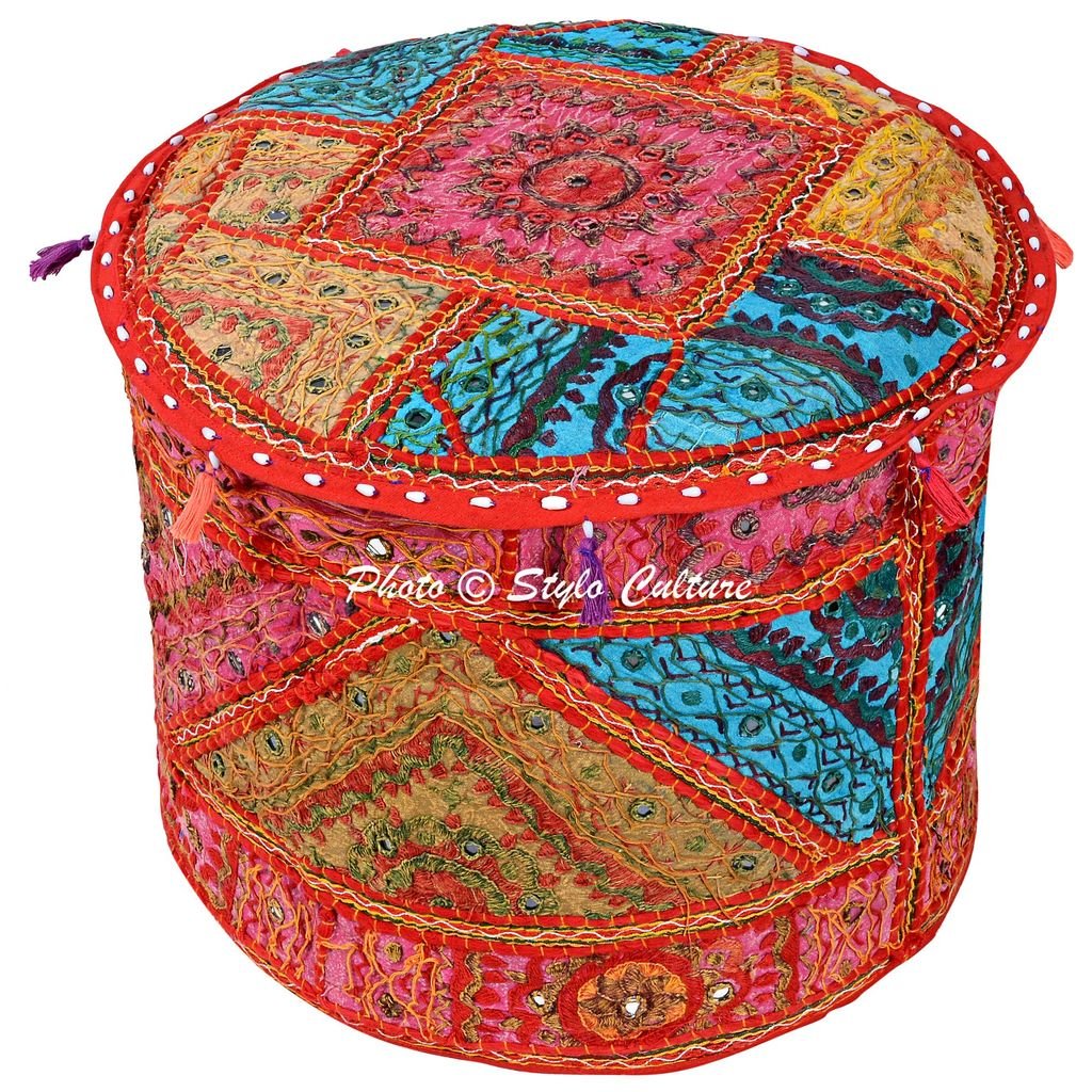 Stylo Culture Cotton 22" Round Decorative Pouffe Footstool Large Indian Embroidered Mirror Bohemian Patchwork Ottoman Stool Pouf Cover Multi Color Ethnic Boho Décor (22x22x14) (COVER ONLY)