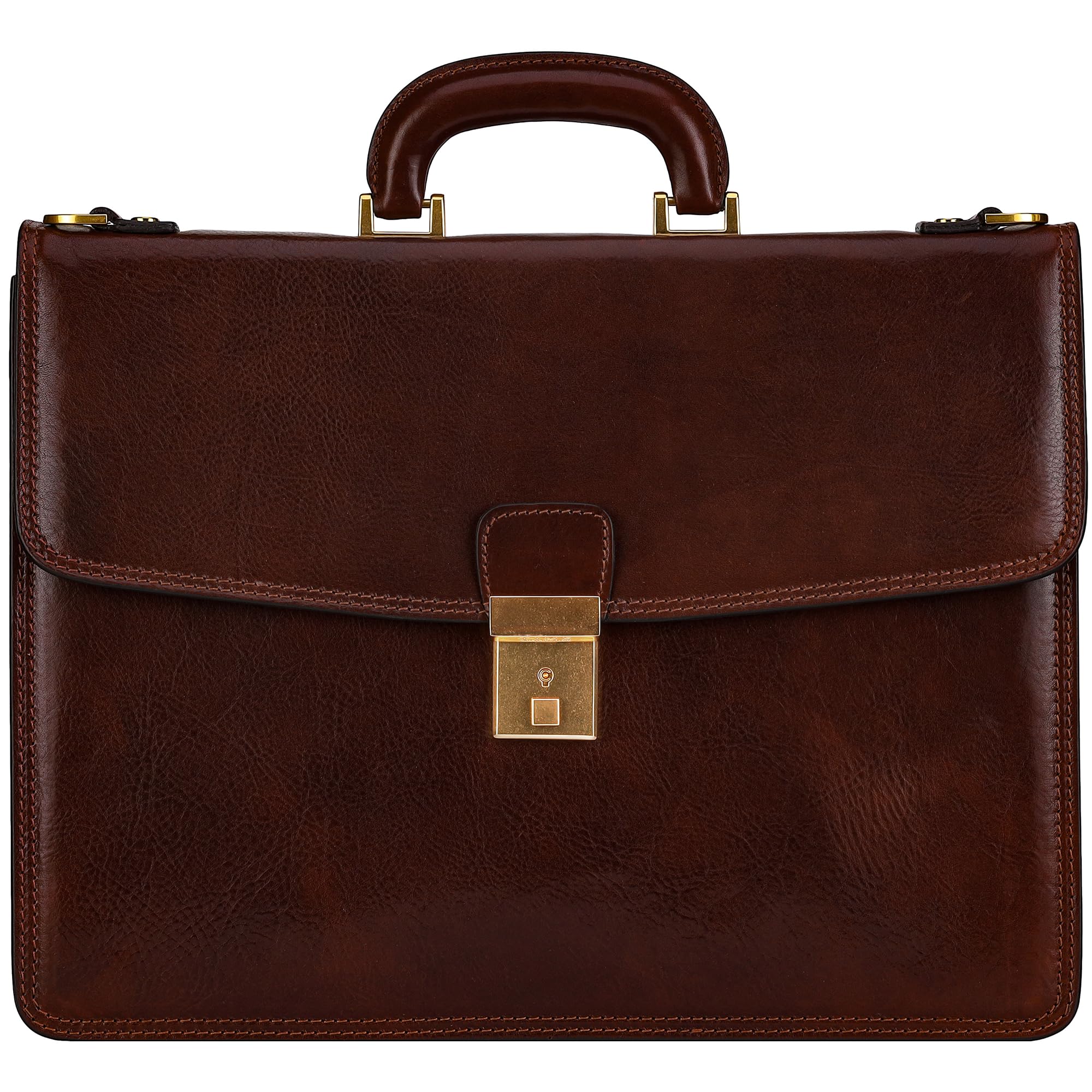 Time Resistance Leather Briefcase - Full Grain Leather Attache Case - Laptop Bag (Brown)