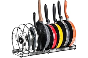 Toplife Pots and Pans Organizer Rack for Cabinet and Countertop, 10+ Pot Lids, Bakeware and Cookware Holder with 10 Adjustabl