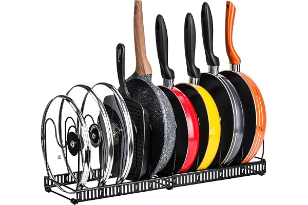 Toplife Pots and Pans Organizer Rack for Cabinet and Countertop, 10+ Pot Lids, Bakeware and Cookware Holder with 10 Adjustabl