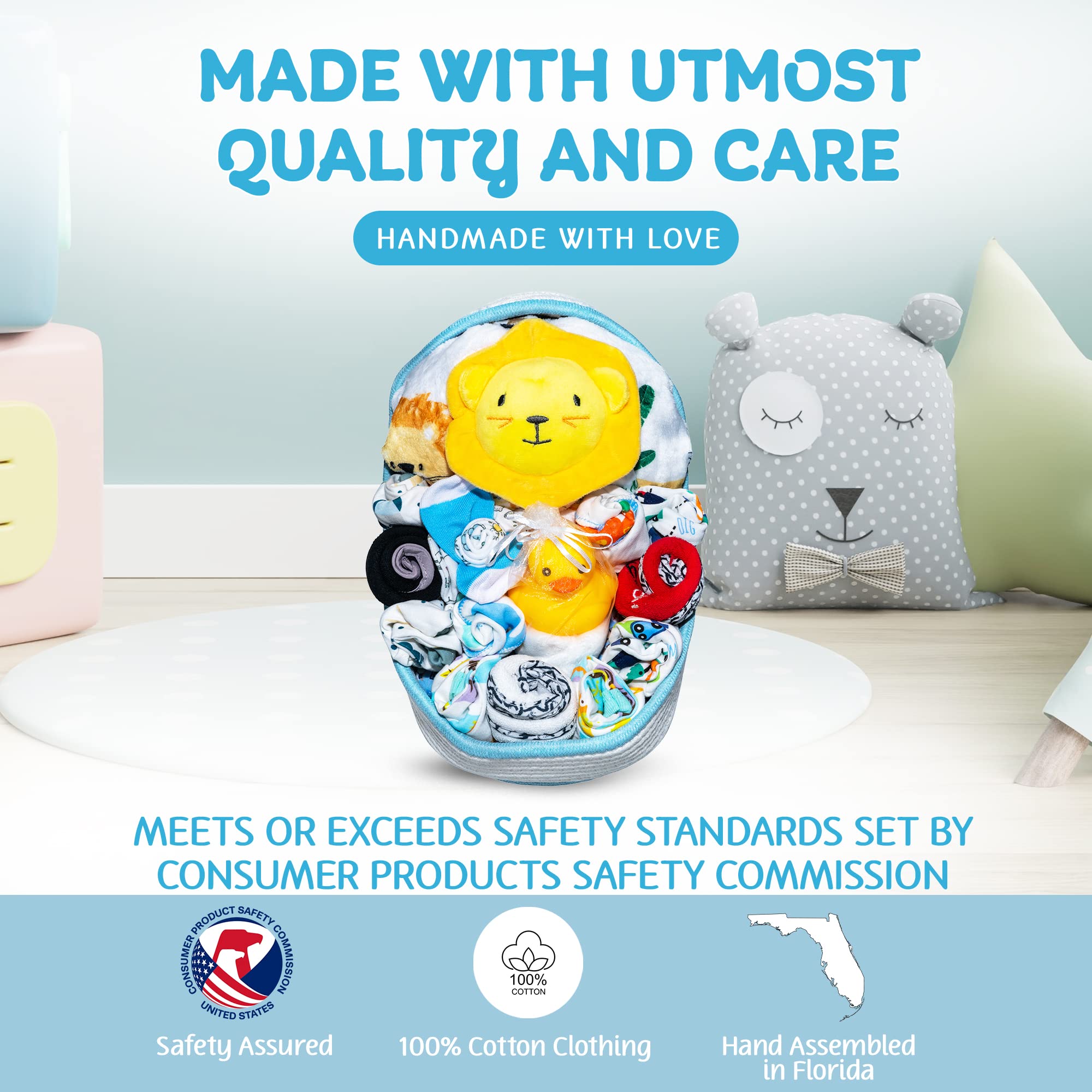Bassinet New Baby Boy Gift Set, Baby Layette Set with 17-Piece Unique New Baby Essentials for Expecting Moms and New Parents, Blue - Nikki’s Gift Baskets