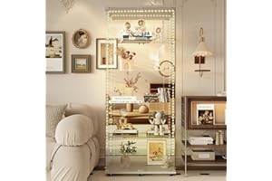 Yoluckea 5-Tier Glass Display Cabinet with Bluetooth LED Light Strip, 2-Door Floor Standing Curio Cabinet with Universal Wheel and Mirror Back Panel, White Glass Bookshelf for Collections, Wood Top