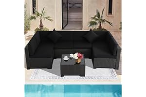 KIGOTY 7 Pieces Modular Outdoor Sectional Sofa, Wicker Patio Conversation Set, All-Weather PE Rattan Sectional Sofa with Cushions and Glass Coffee Table (Black Cushions, Black Rattan)