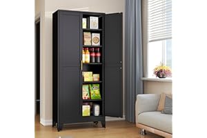 erosoei 75.2”H Pantry Storage Cabinet, Kitchen Storage Cabinets with Adjustable Feet and Shelves, Metal Pantry Cabinet for Kitchen, Living Room, Laundry Room and Dinning Room